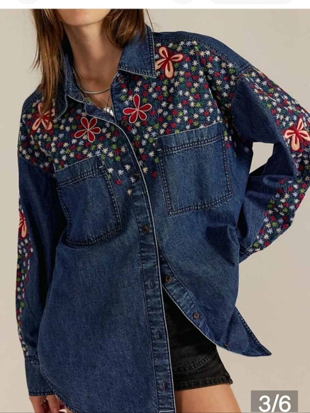 We The Free Rainbow Floral Embroidered Denim Shirt